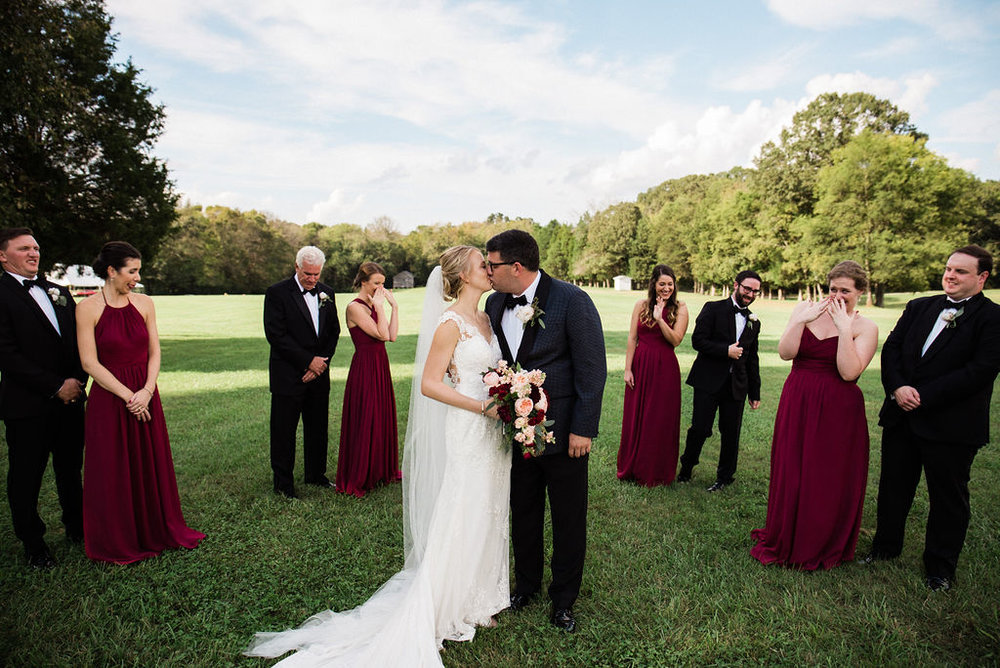 Bride and Groom with Wedding Party at Historic Rural Hill by Charlotte Wedding Photographers