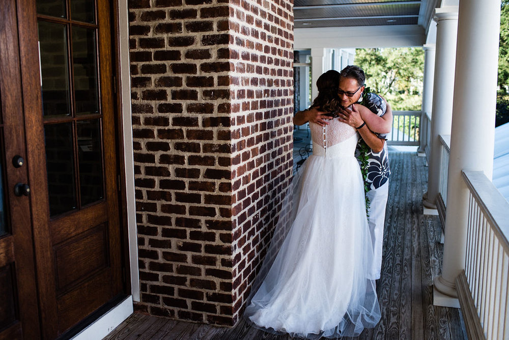 First Look with Father of the Bride at The Oaks at Salem Wedding in Apex, NC by Charlotte Wedding Photographers