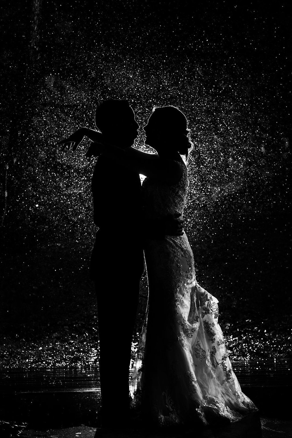 Rainy Day Bride and Groom Silhouette Portrait at Quarry at Carrigan Farms by Charlotte Wedding Photographers