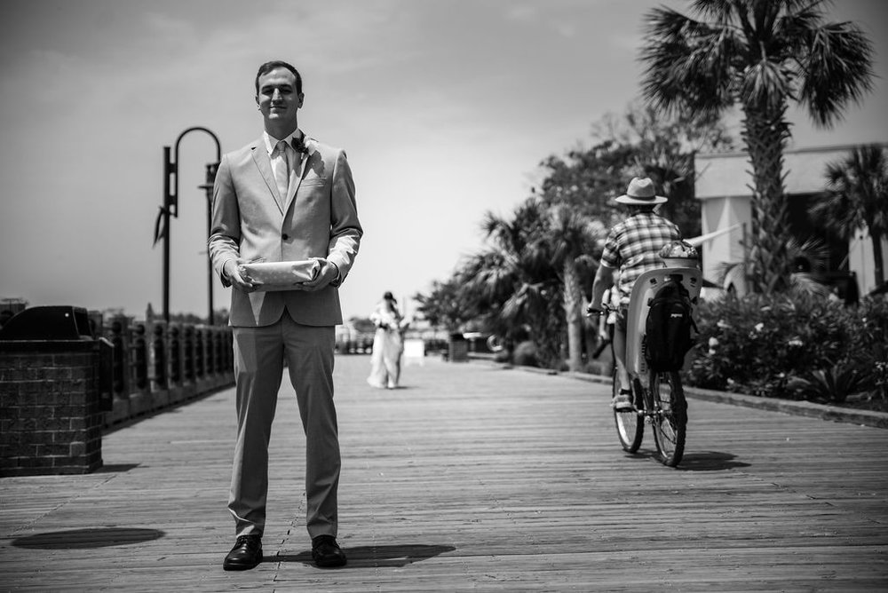 First Look on Boardwalk at Hotel Ballast in Wilmington NC by Charlotte Wedding Photographers