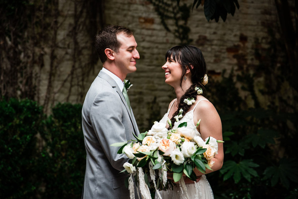 Bride and Groom at Atrium by Ligon Flynn in Wilmington NC by Charlotte Wedding Photographers