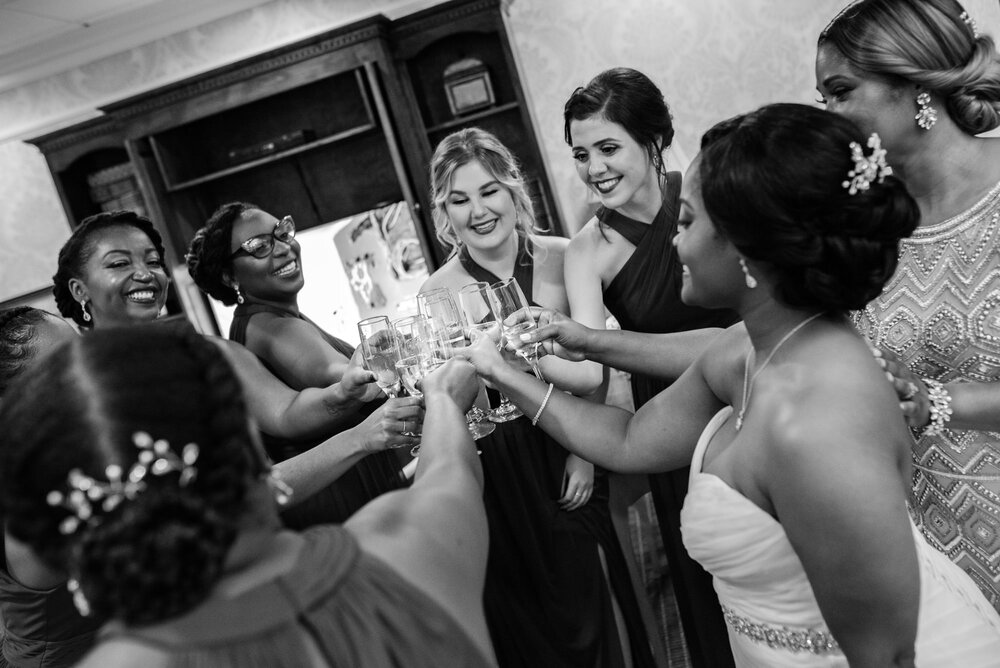 Fall Providence Country Club wedding bridesmaid cheers by Charlotte Wedding Photographer