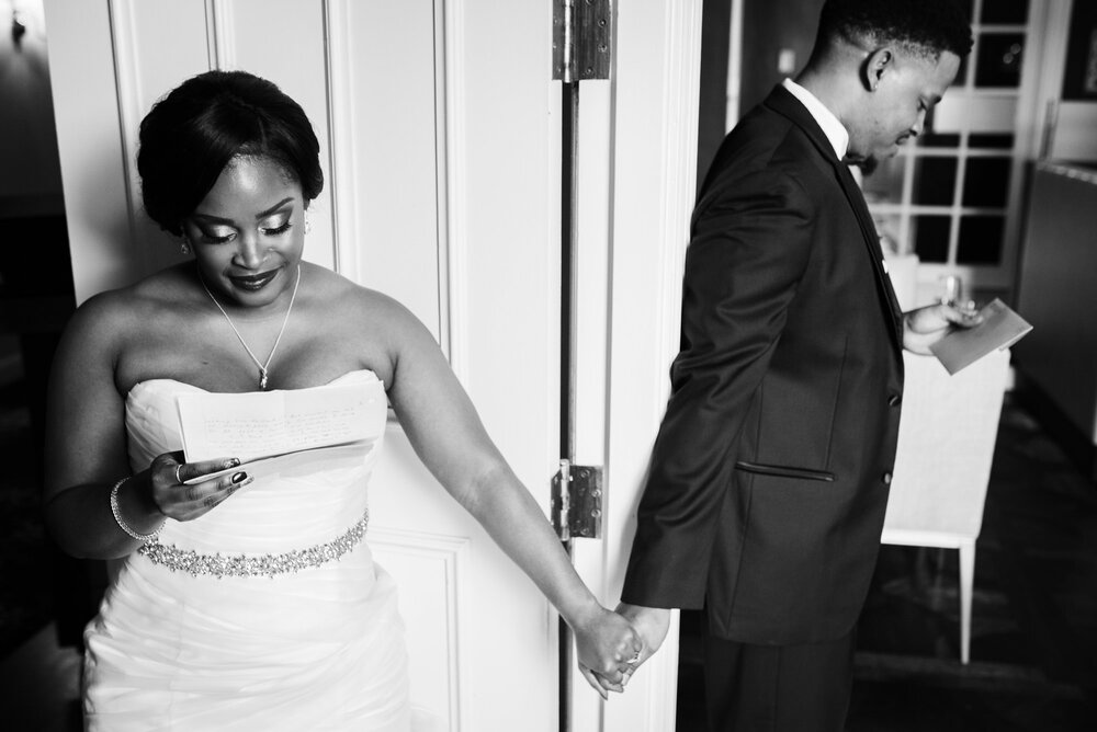 Fall Providence Country Club wedding bride and groom first touch and letter exchange by Charlotte Wedding Photographer