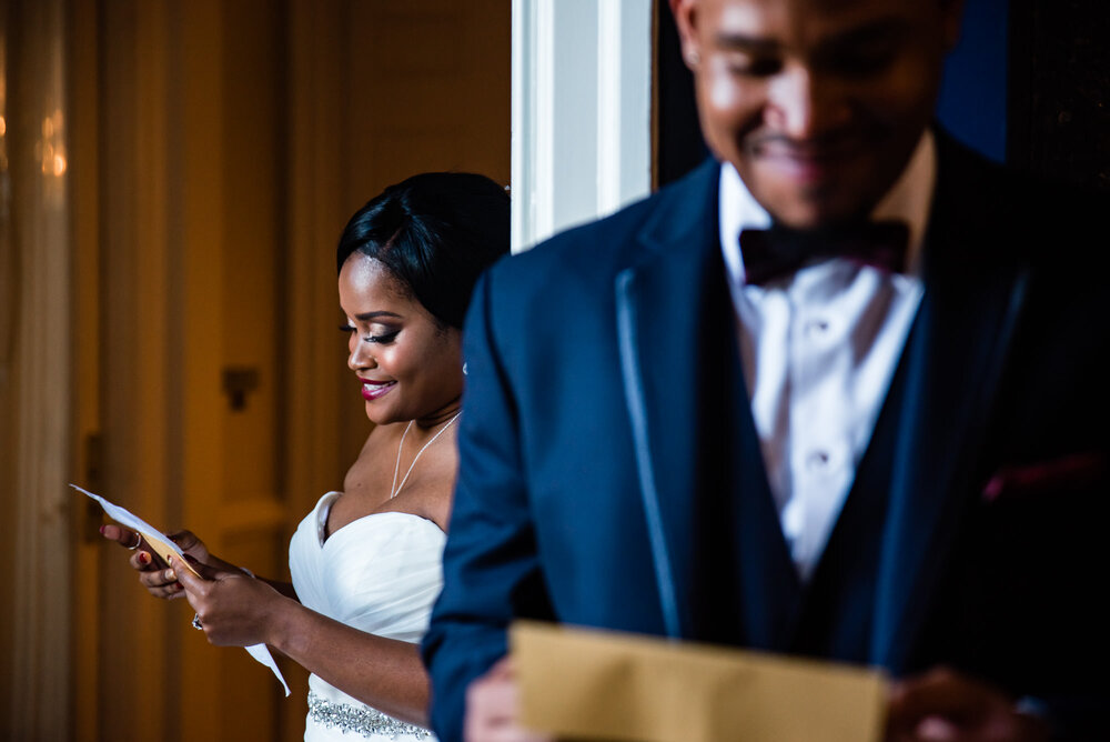 Fall Providence Country Club wedding bride and groom first touch and letter exchange by Charlotte Wedding Photographer