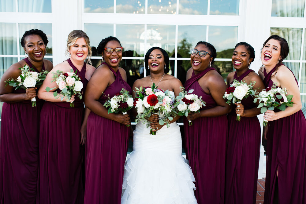 Fall Providence Country Club wedding bride bridesmaids outside by Charlotte Wedding Photographer