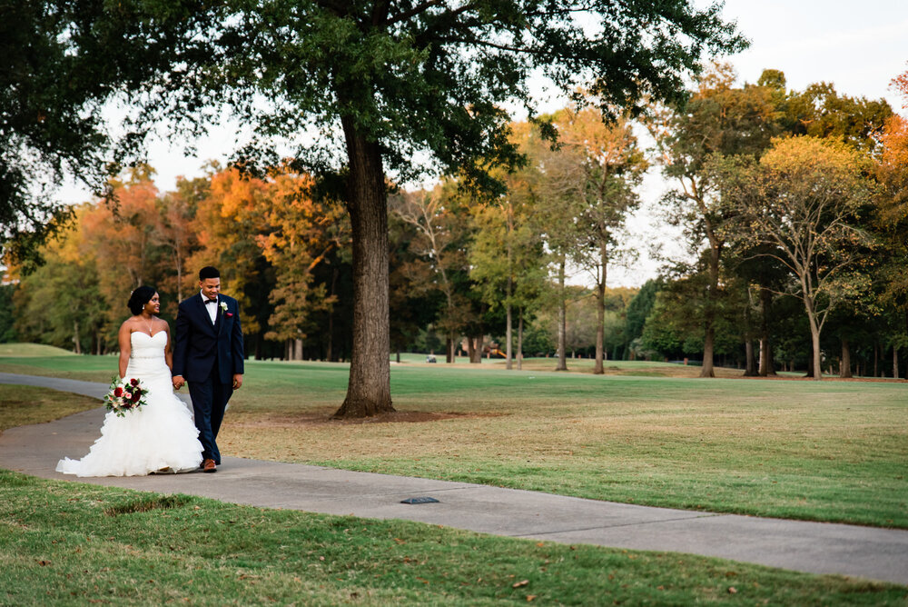 Fall Providence Country Club outdoor wedding bride and groom by Charlotte Wedding Photographer