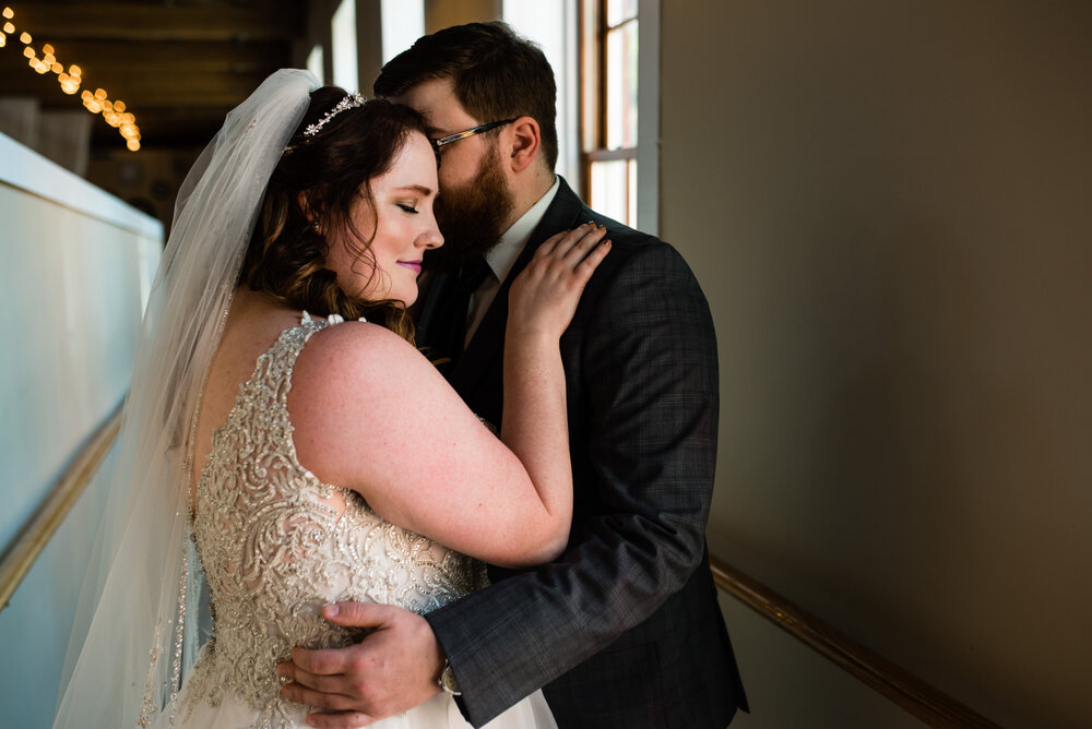 Fall Laboratory Mill Wedding bride and groom first look by Charlotte Wedding Photographers