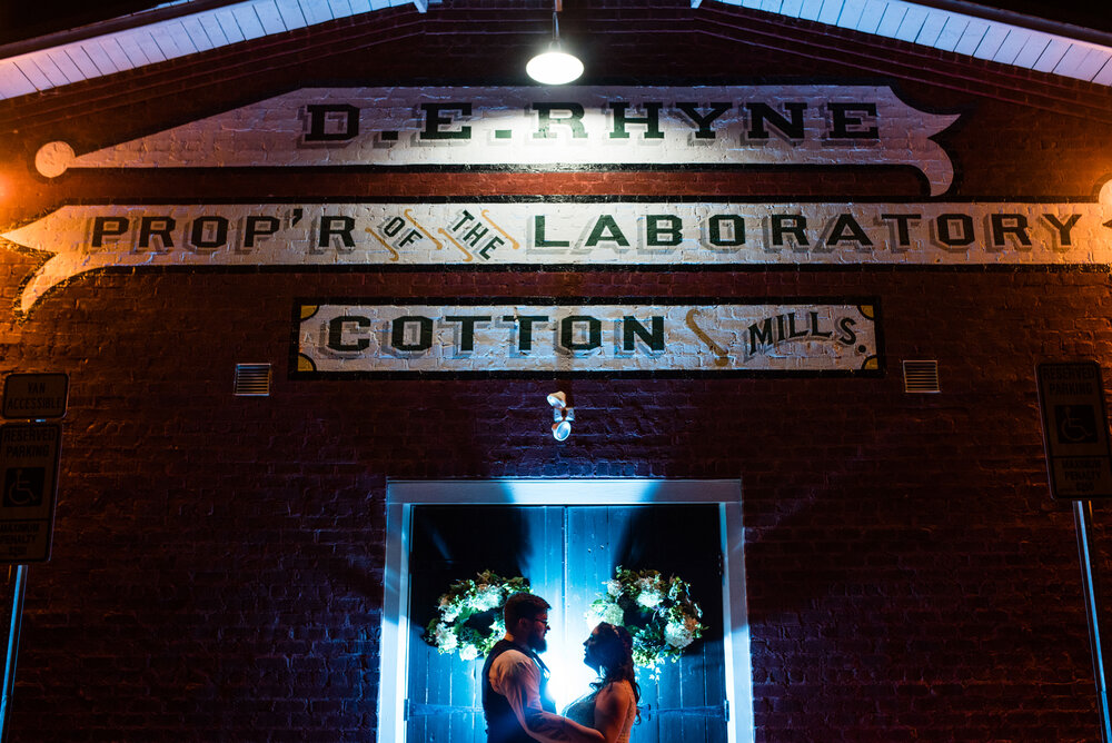 Fall Laboratory Mill Wedding night portraits by Charlotte Wedding Photographers