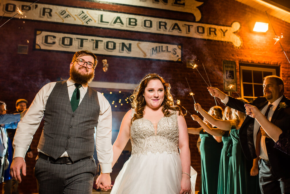 Fall Laboratory Mill Wedding sparkler exit by Charlotte Wedding Photographers