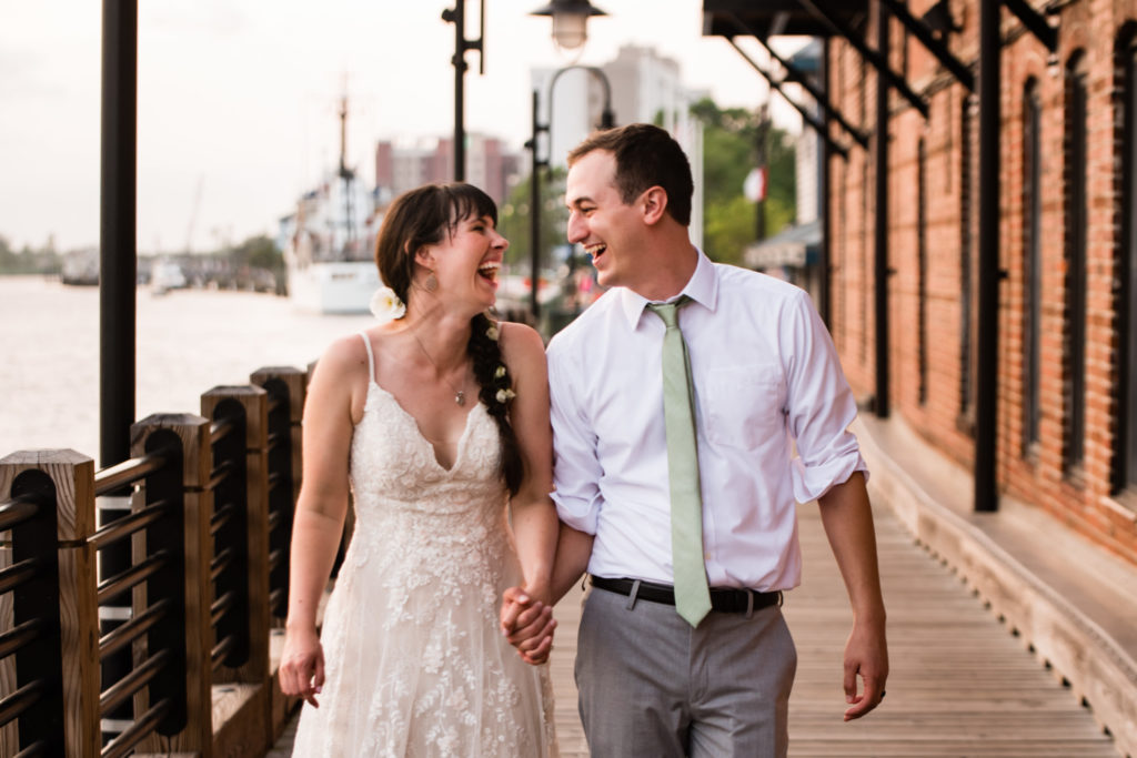 Bride and Groom Portraits on Boardwalk in Wilmington NC by Charlotte Wedding Photographers