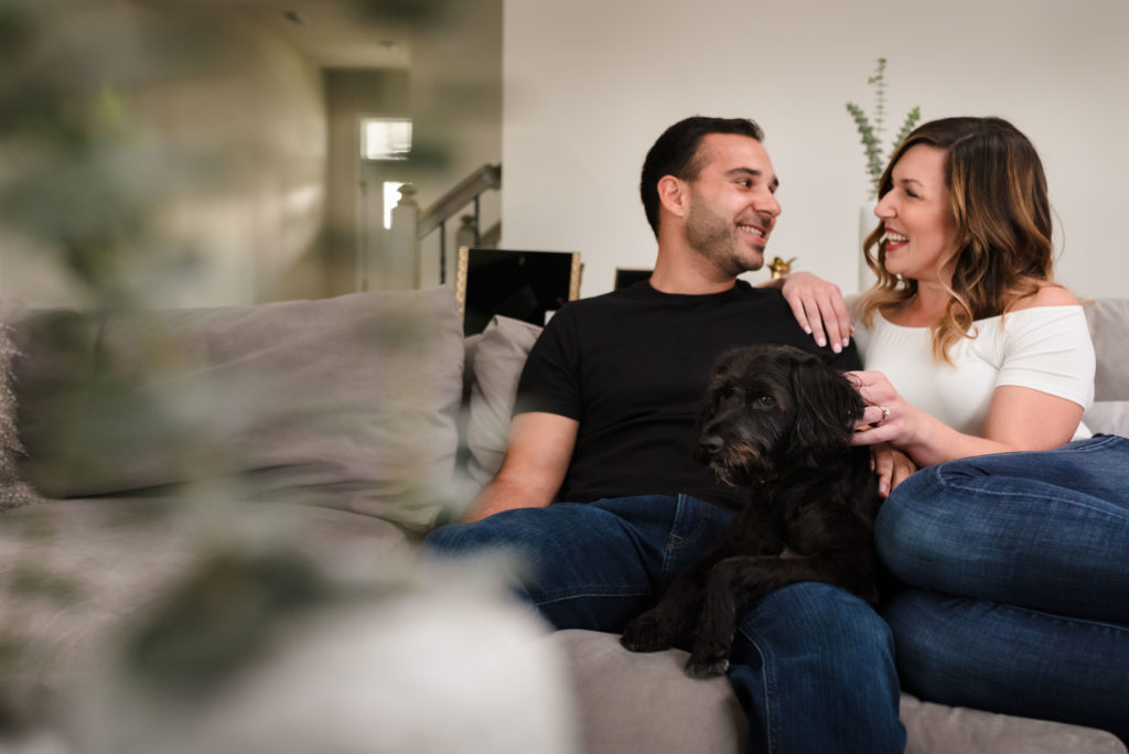 Couples photos at home with dog