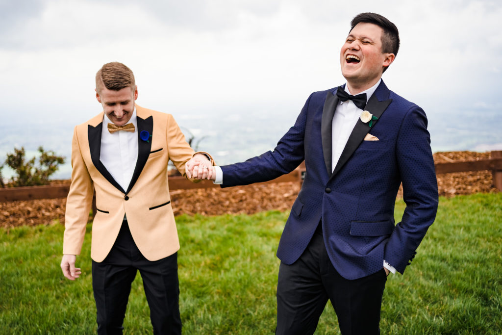 Cute same-sex wedding portraits at Hidden Hill in Morganton, NC