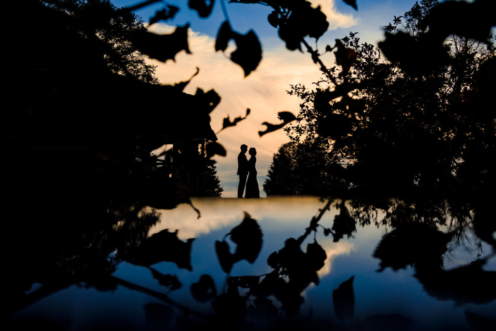 Creative wedding portrait against sky with trees at Rural Hill in North Carolina.
