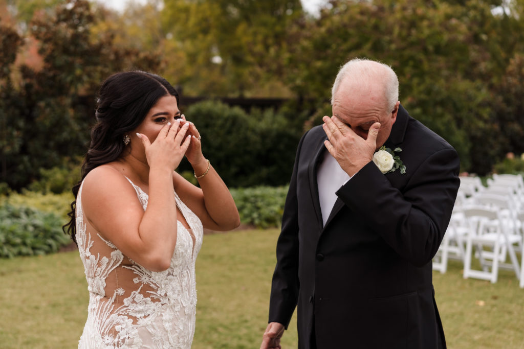 Bride and Father cry before wedding at Sweet Magnolia Estate