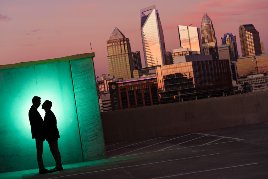 creative skyline shot from south end charlotte engagement session