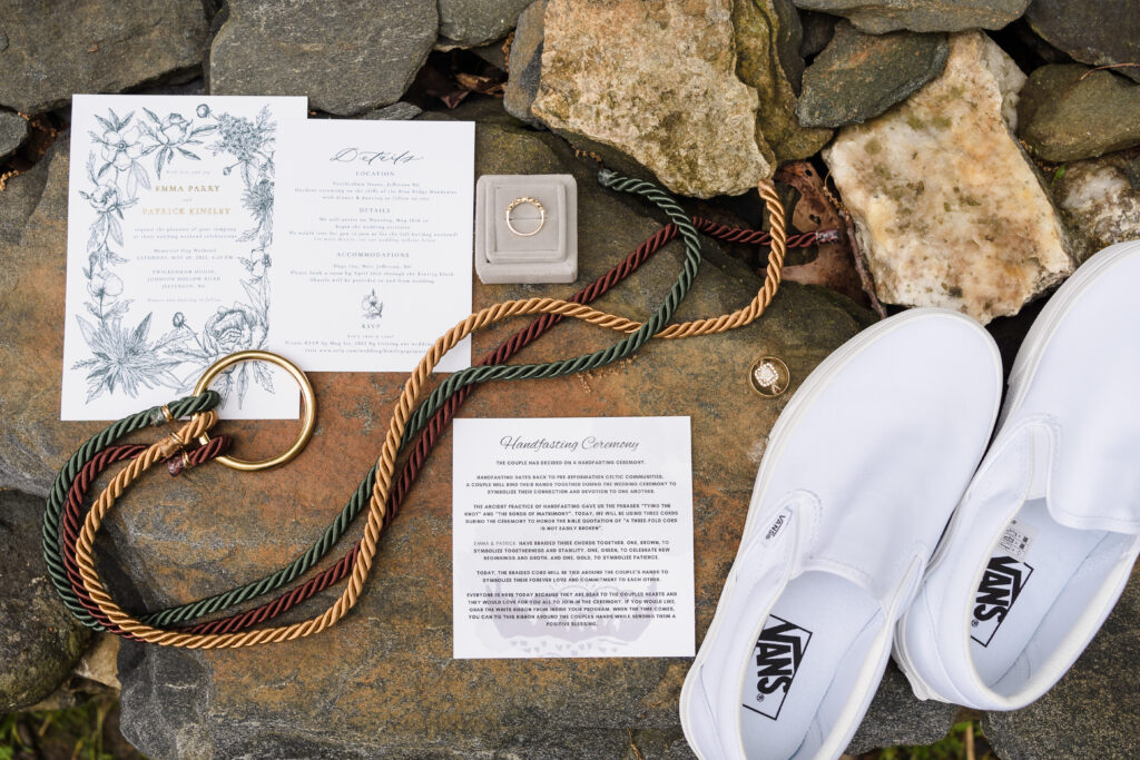 Wedding details including handfasting cords for Pagan ceremony