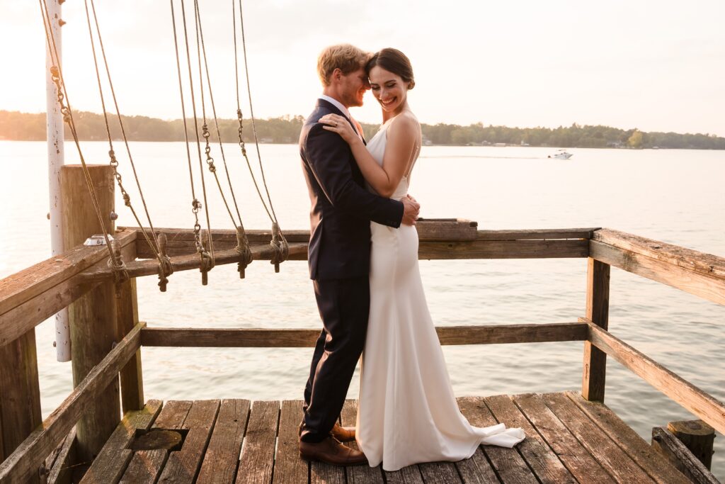 bride and groom at intimate lakeside wedding 