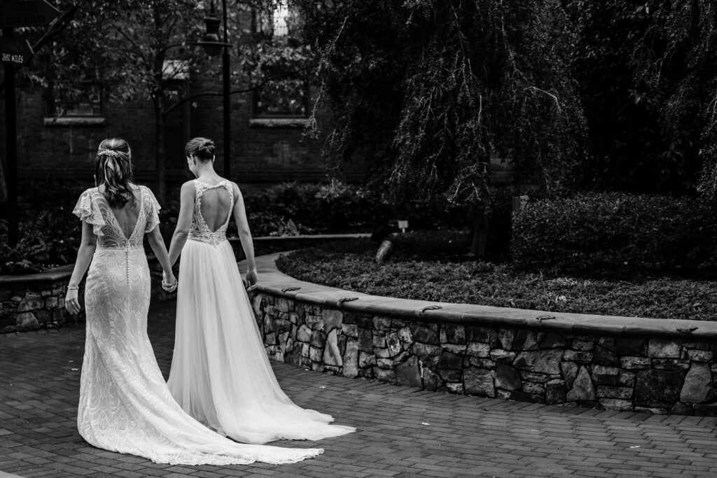 Two brides non traditional wedding portraits near Mint Museum Charlotte