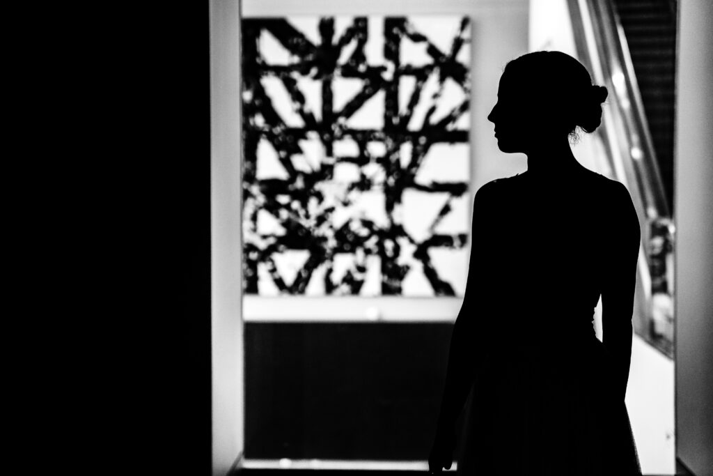 Nontraditional bridal silhouette at Mint Museum wedding
