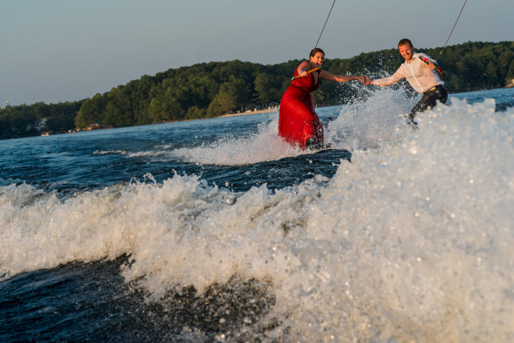 Couple wakeboarding engagement session photos