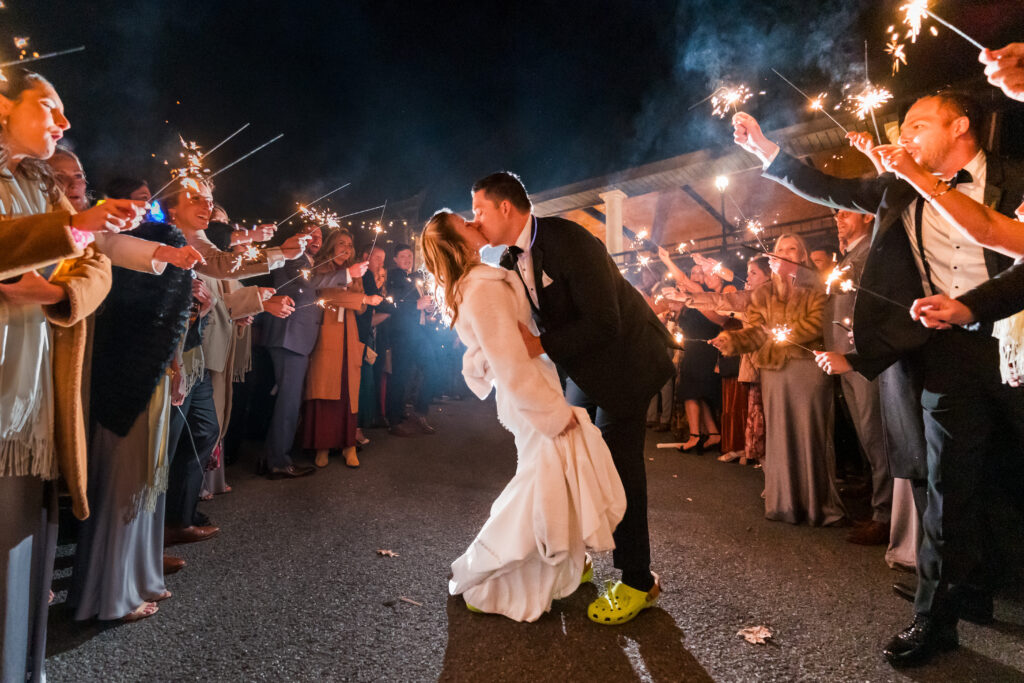 Sparkler exit from fall Mountain House Inn wedding