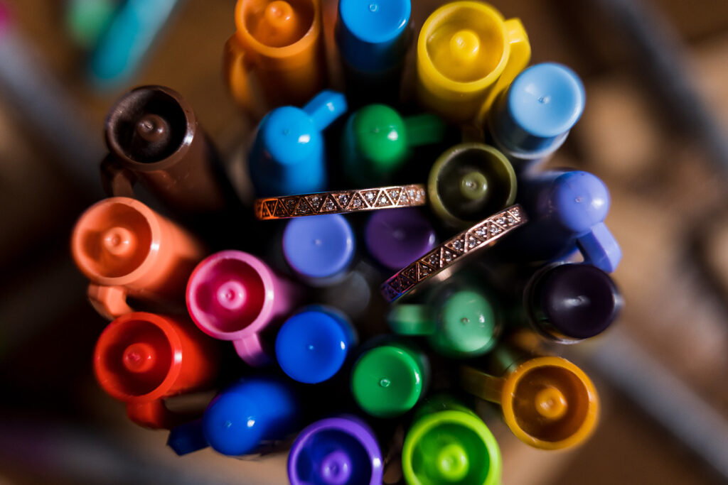 Colorful wedding rings photos using colored markers