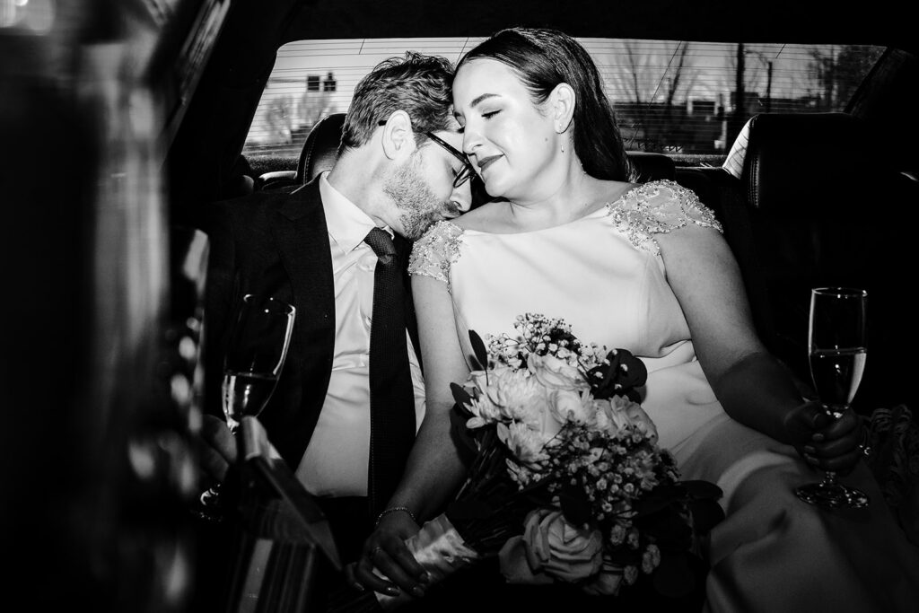 Black and White Direct Flash Wedding photography inside of limo