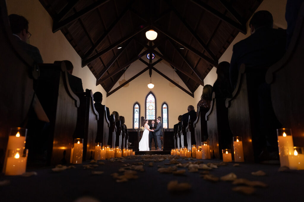 Wide Angle wedding photography of St. Mary's Chapel Ceremony in Charlotte