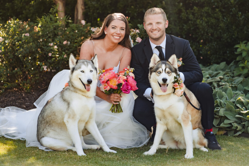 Bride and Groom portrait with two huskies at dog-friendly wedding venue in charlotte