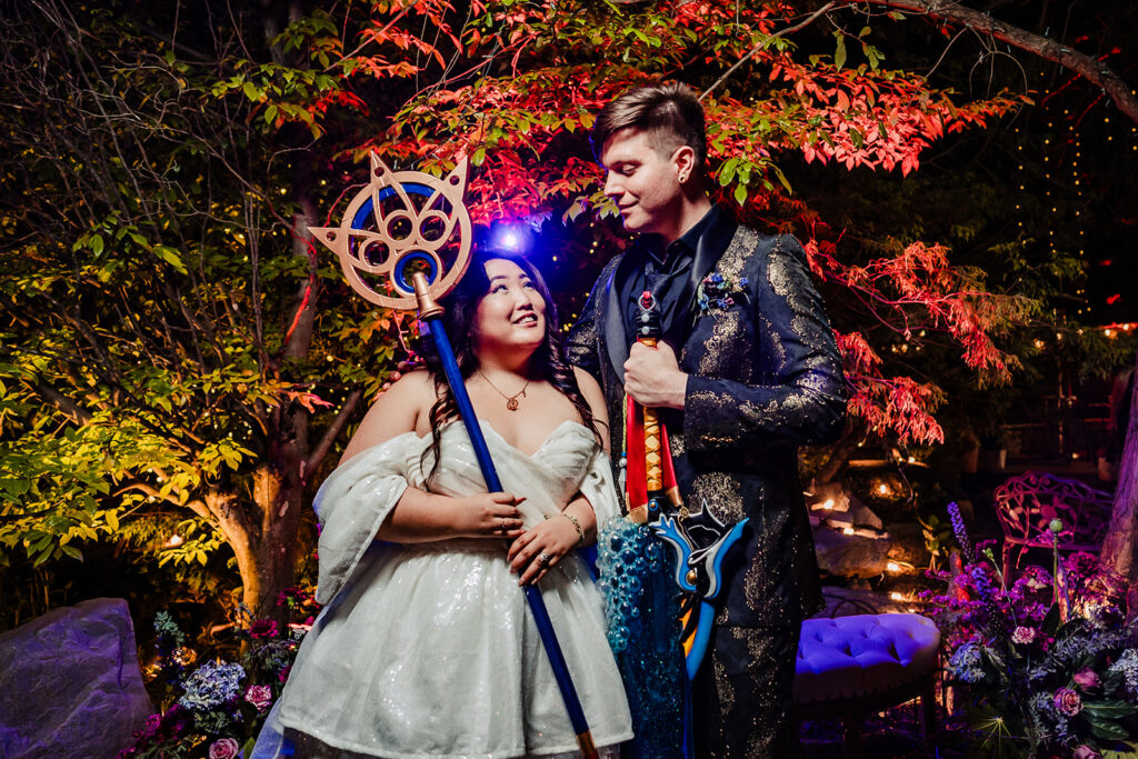 Final Fantasy inspired wedding portrait with Brotherhood Sword and Yuna’s Staff