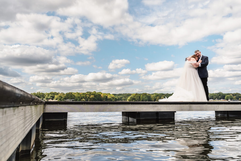 Wedding portraits on dock at Lake Wylie 