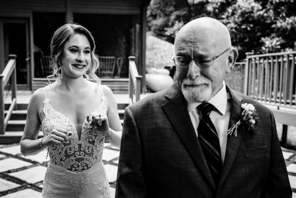emotional moment with bride and father at Barn at Valhalla wedding